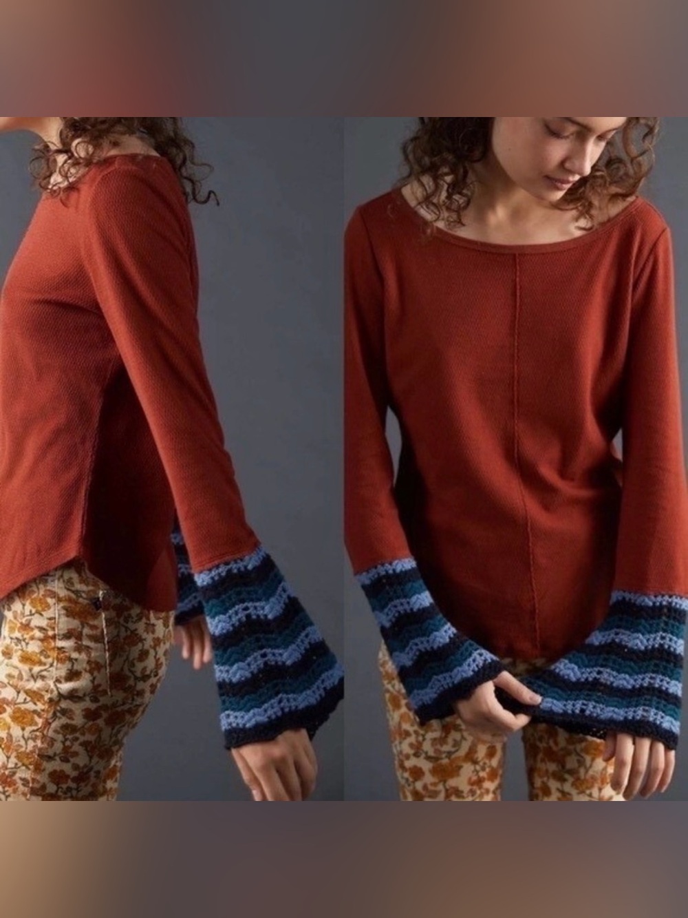 Anthropologie Pilcro Long Sleeve Thermal Waffle Knit Boho Rust Orange Medium